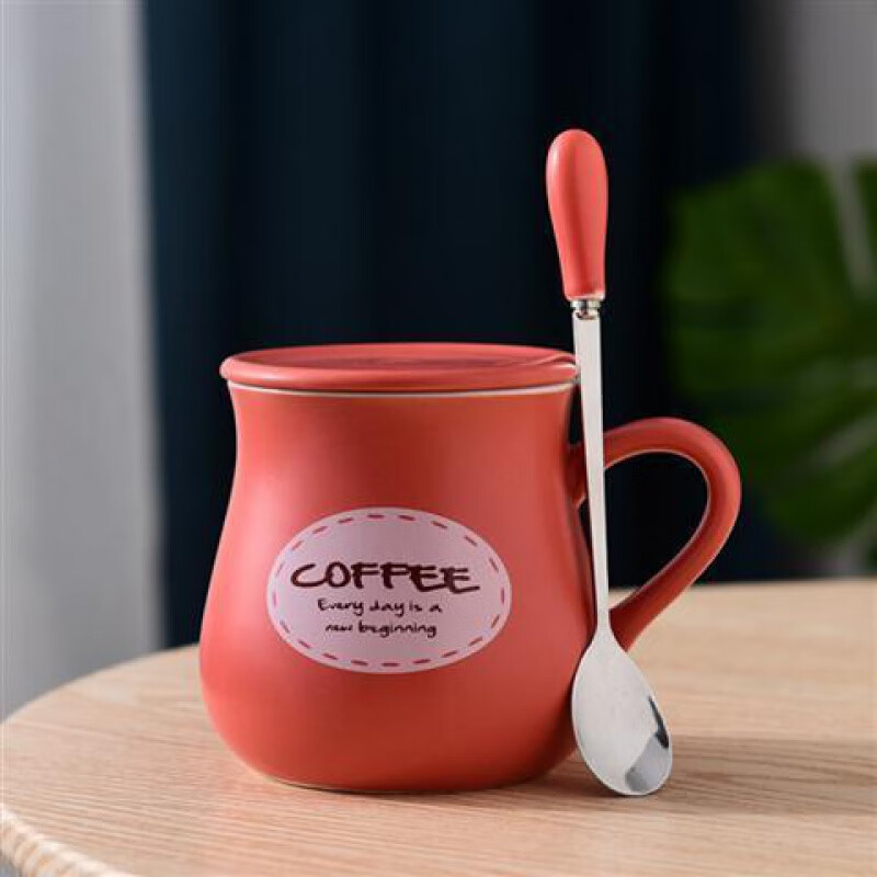陶瓷杯子马克杯咖啡杯创意情侣水杯带盖勺茶杯牛奶杯学生可定制 牛奶杯 橘红 瓷盖 专属勺