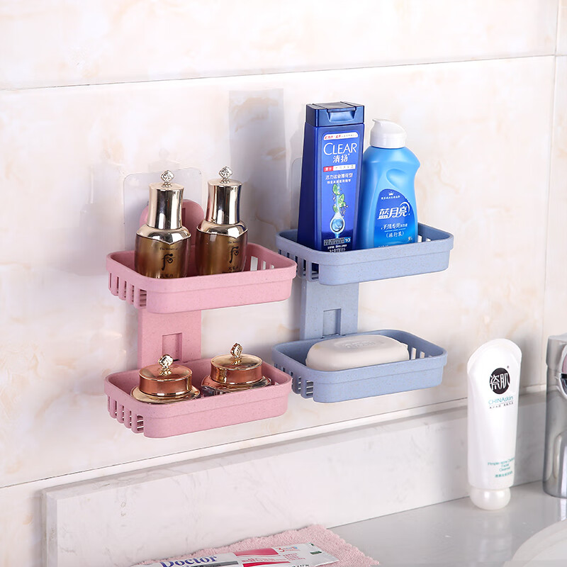 免打孔肥皂盒卫生间沥水创意壁挂香皂架浴室置物架吸盘双层肥皂架 粉色+蓝色