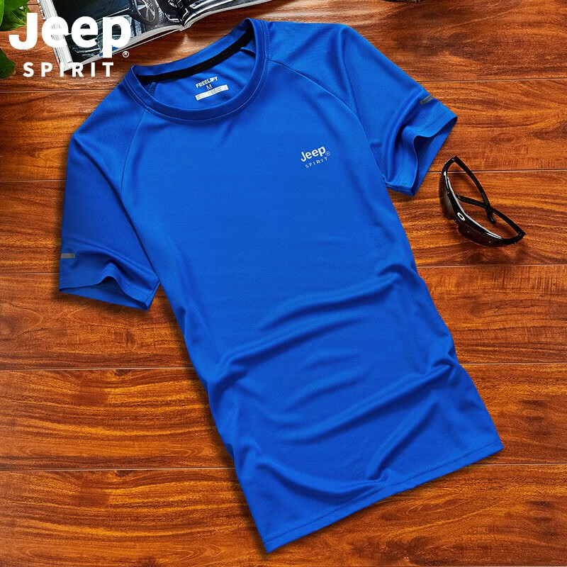 Jeep吉普 短袖t恤男 户外运动轻薄短袖男上衣吸湿透气干爽健身训练百搭圆领速干T恤 蓝色 6XL