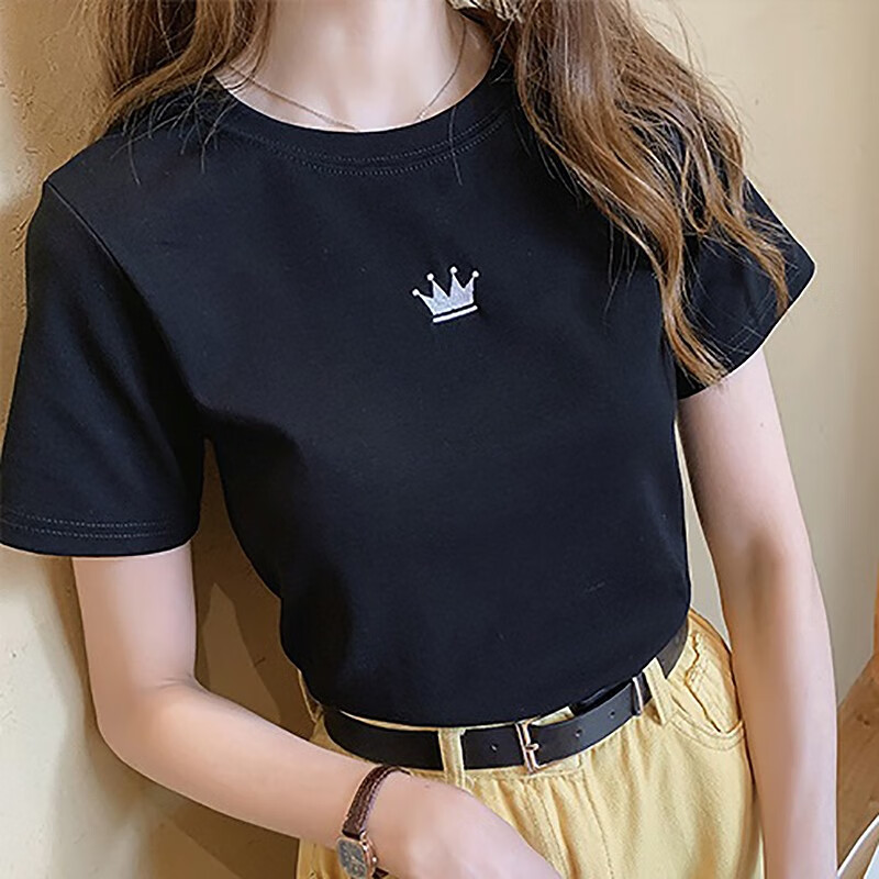 字母刺绣短袖T恤上衣2020夏季韩版时尚新款修身显瘦打底衫女装 2022皇冠黑色 XL建议106-118斤