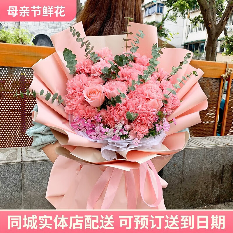 鲜花速递康乃馨玫瑰花鲜花百合花束礼盒母亲节礼物送母亲妈妈女友生日礼物全国花店同城送花北京上海深圳成都 19朵粉色康乃馨+6朵粉玫瑰花束