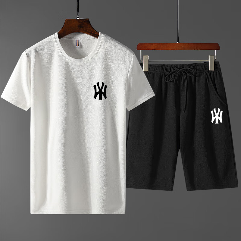 达斯金（DASIJIN）运动套装男士夏季新款透气圆领短袖短裤子黑色速干健身衣跑步休闲运动服 白色 2XL