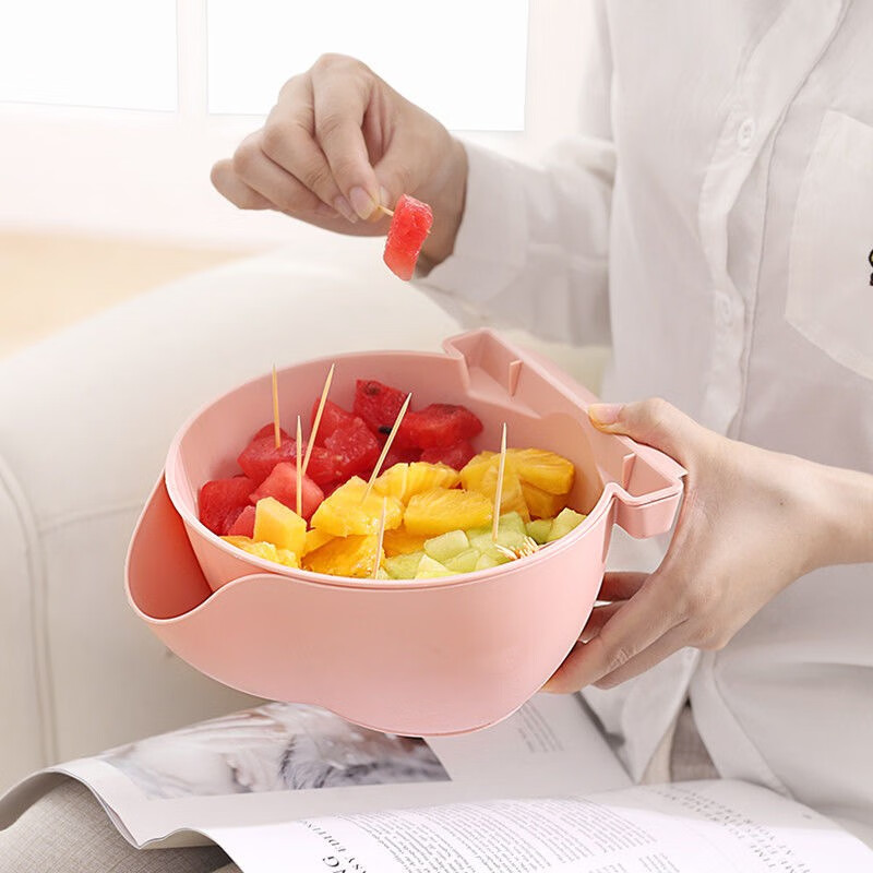 双层创意客厅水果盘糖果盒干果盘塑料磕吃瓜子神器懒人沥水果盘 樱花粉 一个装