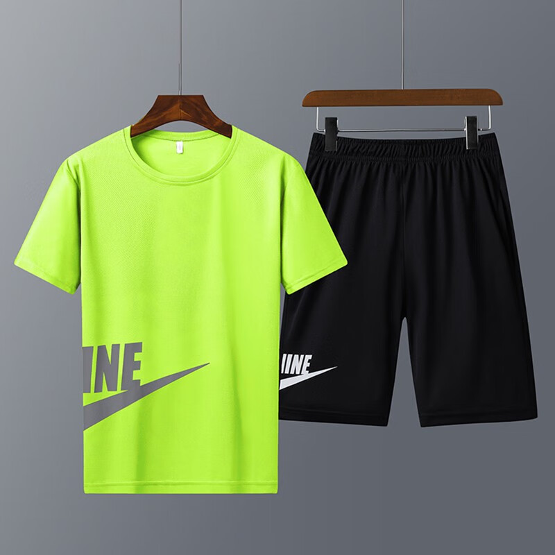 夏季短袖运动套装男2020年新款冰丝透气两件套潮牌弹力速干短袖T恤男修身网眼搭配一套 绿色 5XL 185-200斤