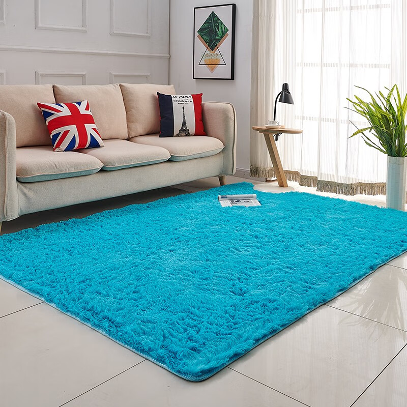 长毛地毯北欧简约时尚地毯客厅茶几垫网红卧室床边满铺地毯 蓝色 74x112 cm
