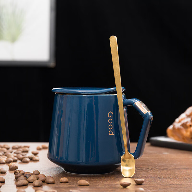 创意马克杯定制logo咖啡牛奶杯子办公商务广告礼品水杯陶瓷杯订做 宝蓝色带盖勺 301-400ml