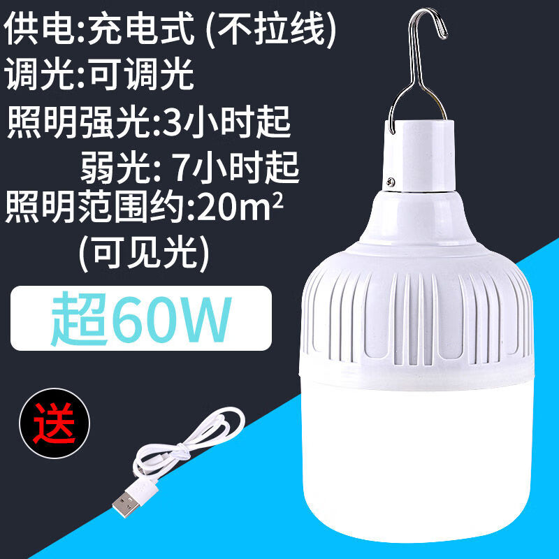 停电应急灯夜市摆摊移动充电灯泡家用节能地摊灯露营超亮LED灯泡 超60W高亮款(送充电线)