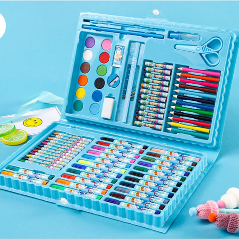 小学生文具儿童画笔水彩笔蜡笔绘画工具套装幼儿园礼品盒美术礼物 86件套绘画套装-蓝色