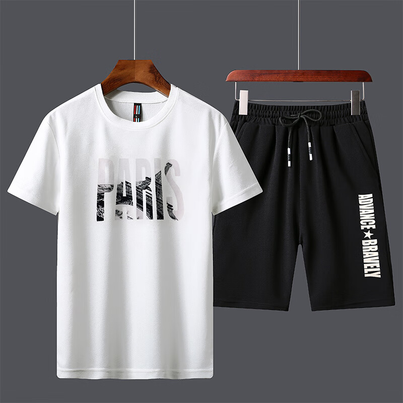 前五号（QIANWUHAO）运动套装男士健身服夏季运动跑步篮球服吸汗透气速干衣短袖短裤两件套 白色 XL