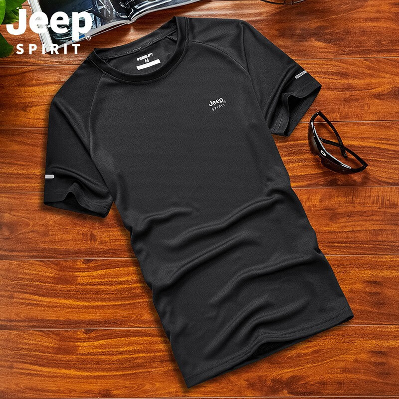 Jeep吉普 短袖t恤男 户外运动轻薄短袖男上衣吸湿透气干爽健身训练百搭圆领速干T恤 黑色 2XL