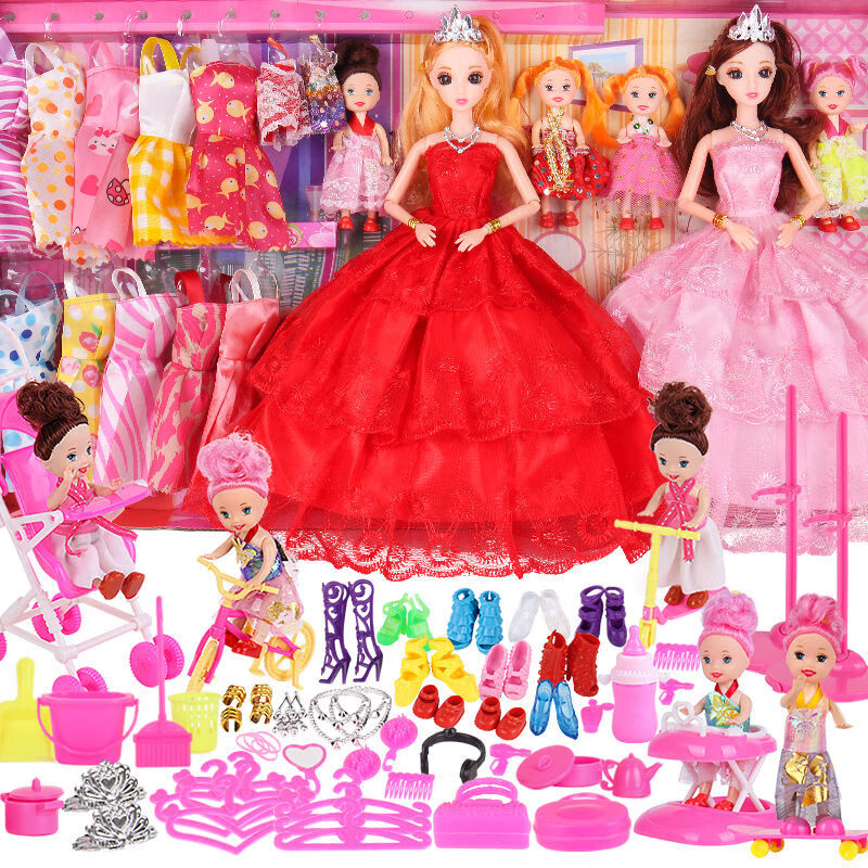 换装洋乖乖芭比娃娃公主婚纱大礼盒套装别墅女孩礼盒儿童玩具礼物 6娃娃168件套-大红+粉 品牌工厂直销礼盒装