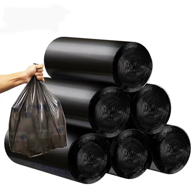 垃圾袋家用黑色彩色平口抽绳手提式大号一次性厨房手提塑料袋公司家庭 黑色 平口5卷100只