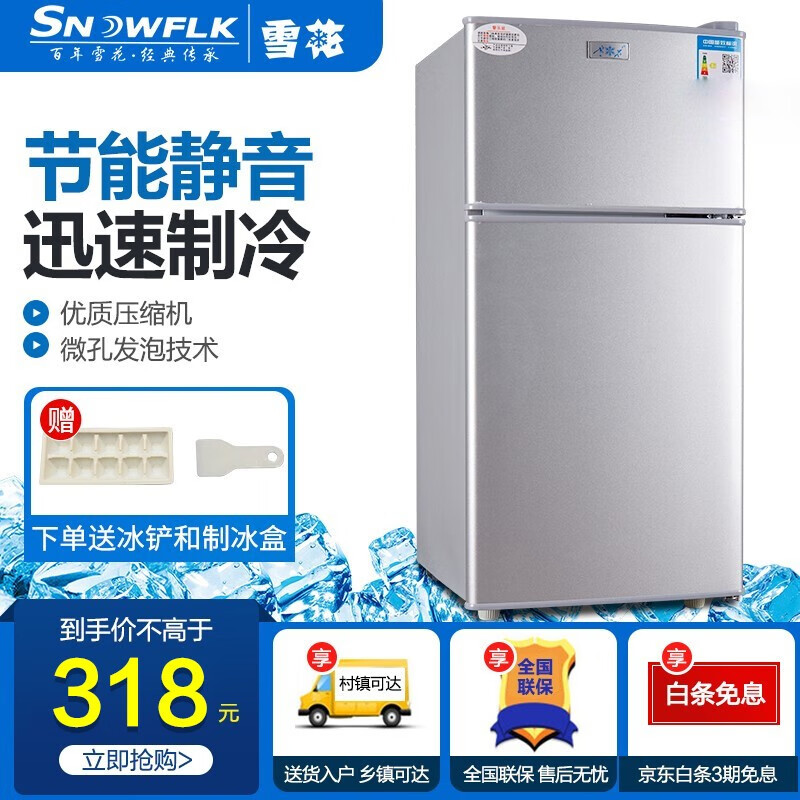 雪花（SNOWFLK）双门小冰箱 冷藏冷冻保鲜 宿舍租房家用迷你双开门小型电冰箱 BCD-42A118银色【一级能效】