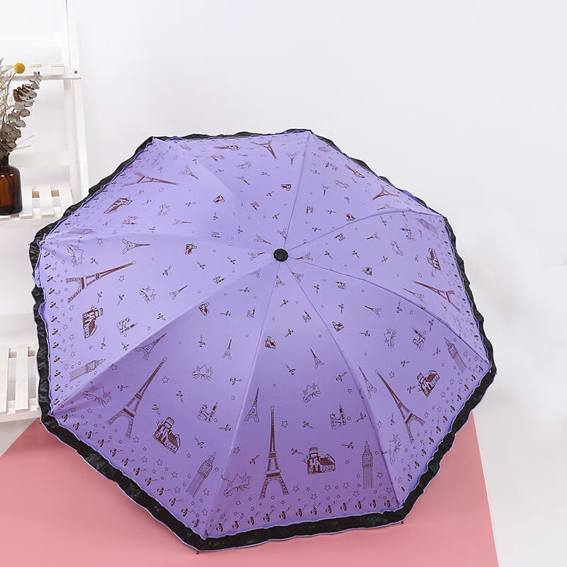黑胶晴雨两用伞s遮阳伞学生男女防紫外线折叠雨伞三太阳伞 花边铁塔紫色