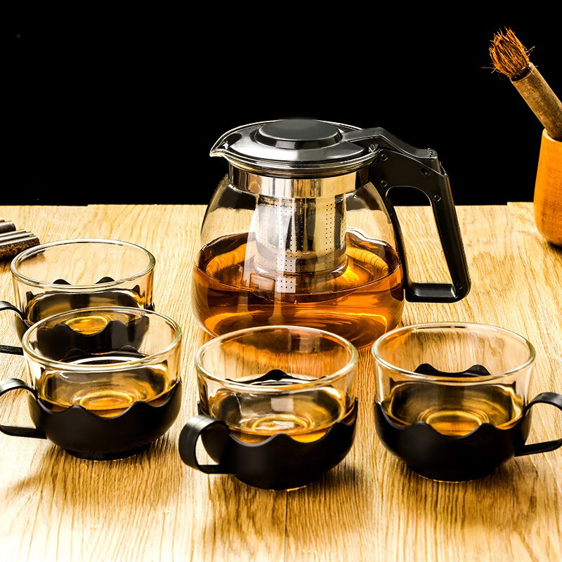 玻璃茶壶 凉水壶耐热加厚玻璃茶具不锈钢过滤内胆茶水分离壶可拆卸冲洗壶泡茶壶 单壶1000ml+4杯