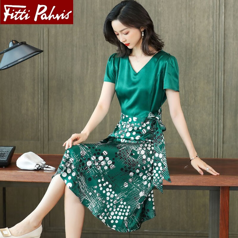 Fitti Pahris高定品牌重磅真丝连衣裙女夏2020年新款优雅时尚印花收腰显瘦桑蚕丝裙子 绿色 XL