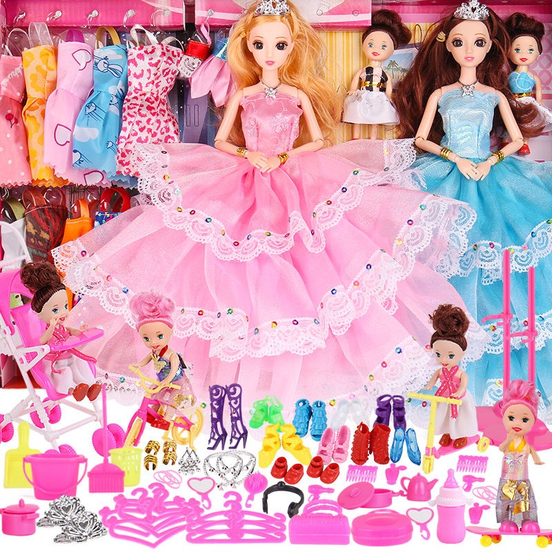乖乖芭比娃娃公主套装别墅玩具网红女孩豪宅大礼盒洋娃娃城堡 4娃娃138件套-粉蓝