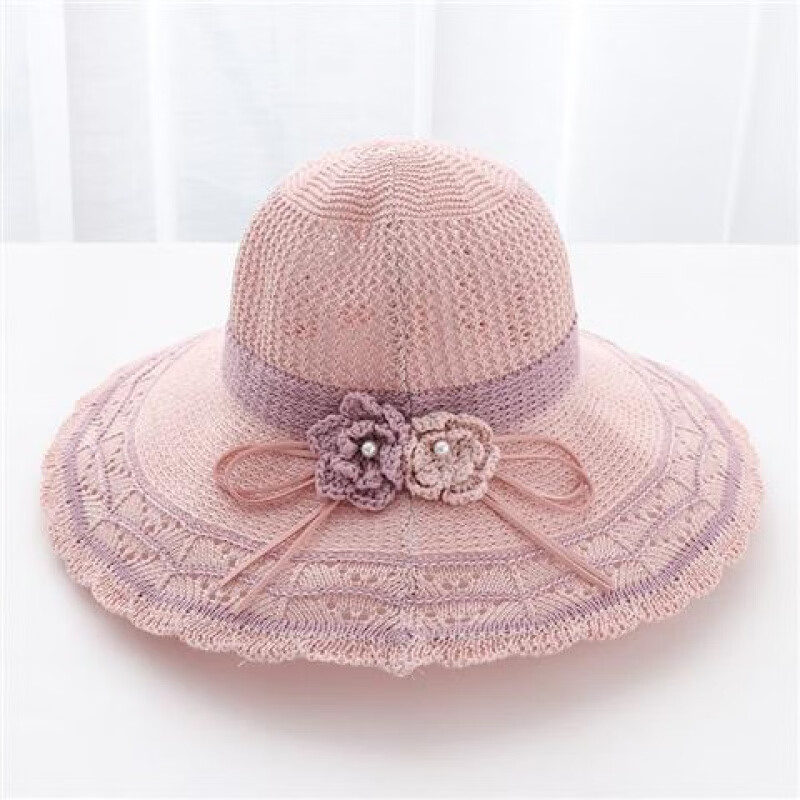帽子女新款帽子夏季防晒女太阳帽女士遮阳帽女防紫外线防晒帽遮脸 麻棉两朵花遮阳帽--粉色 可调节