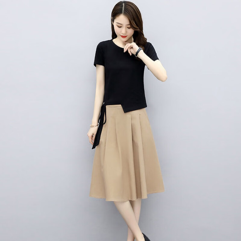 套装短袖女装2020新款夏季潮韩版大码宽松裙子套装两件套女 黑+卡其 套装 L 95-105