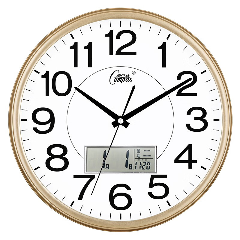 康巴丝（Compas）挂钟 12英寸简约创意时钟时尚客厅静音卧室现代石英钟挂表C3113 日历闪金