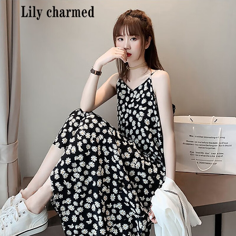 Lily charmed2020夏季新款小雏菊连衣裙大码网红宽松显瘦碎花半身裙子吊带裙 036#黑色吊带裙 L 105-125斤