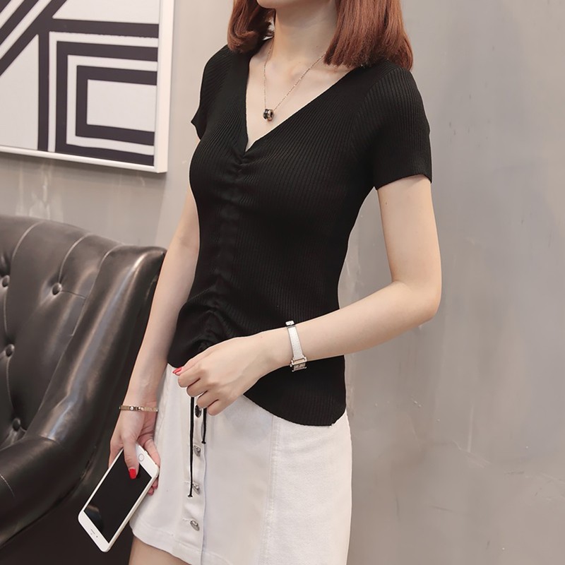 Piruity春夏季新款V领韩版针织衫女短袖修身抽绳上衣T恤A25D 黑色 XL