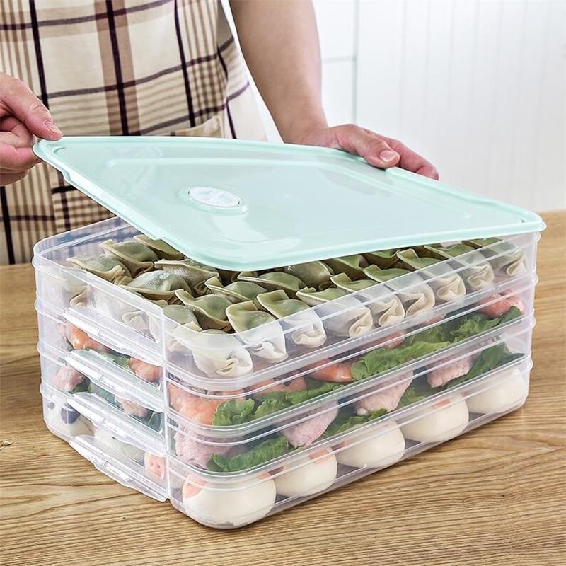 【多层带盖】冰箱食物收纳盒家用冰箱保鲜收纳盒水饺多层速冻馄饨盒厨房托盘食品收纳盒 三层一盖（颜色随机）粉色绿色白色