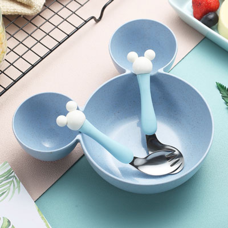宝宝弯头训练勺子304不锈钢餐具学吃饭歪把勺子儿童勺叉子婴儿勺可爱 蓝色(送蓝米奇碗)