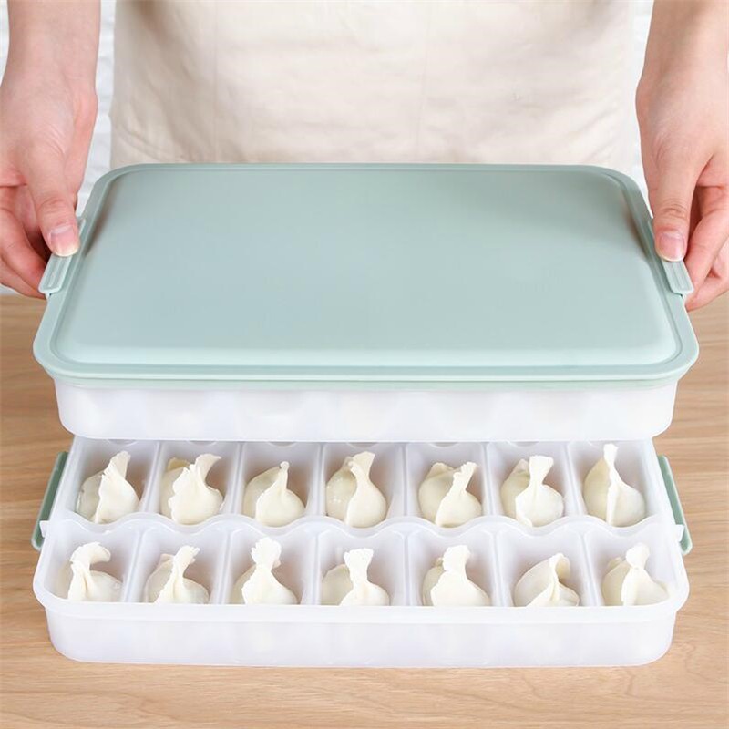 分格款家用速冻水饺馄饨收纳盒 可叠加冰箱保鲜盒密封盒多层托盘分格饺子盒 盖子颜色随机发 三层共63格带一个盖