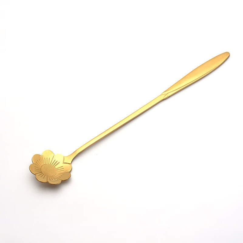 奇景优品搅拌勺小花朵勺长柄冰勺日系樱花勺小可爱甜品勺子不锈钢蛋糕勺 钛金色波斯菊18cm花朵勺