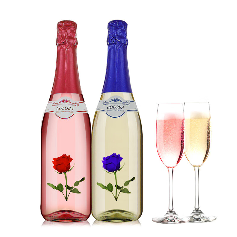 【配两个香槟杯】西班牙原瓶进口科洛巴红蓝玫瑰起泡酒 气泡酒双支750ml*2