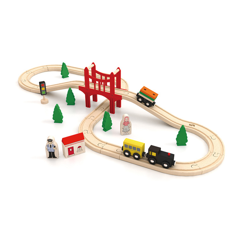 AcoolTOY火车头37件木制轨道小火车套装积木质3-6岁儿童玩具六一儿童节礼物 阿酷37件轨道