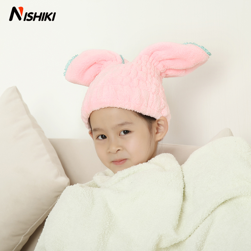 日本SP儿童干发帽浴帽吸水加厚洗头擦头毛巾可爱包头 粉红色