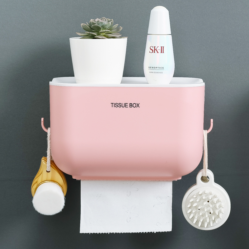 创意卫生纸盒卫生间纸巾厕纸置物架家用免打孔厕所防水抽纸卷纸筒 粉色