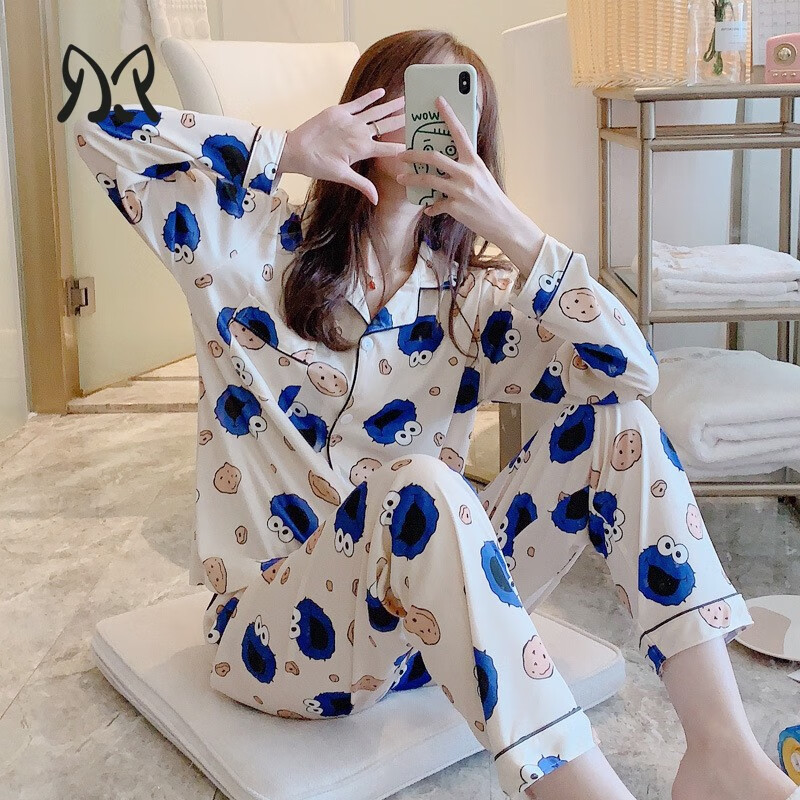 猫惑新品春夏女士长袖居家服套装牛奶丝韩版休闲睡衣两件套可外穿 芝麻街 XL码(115-130斤)