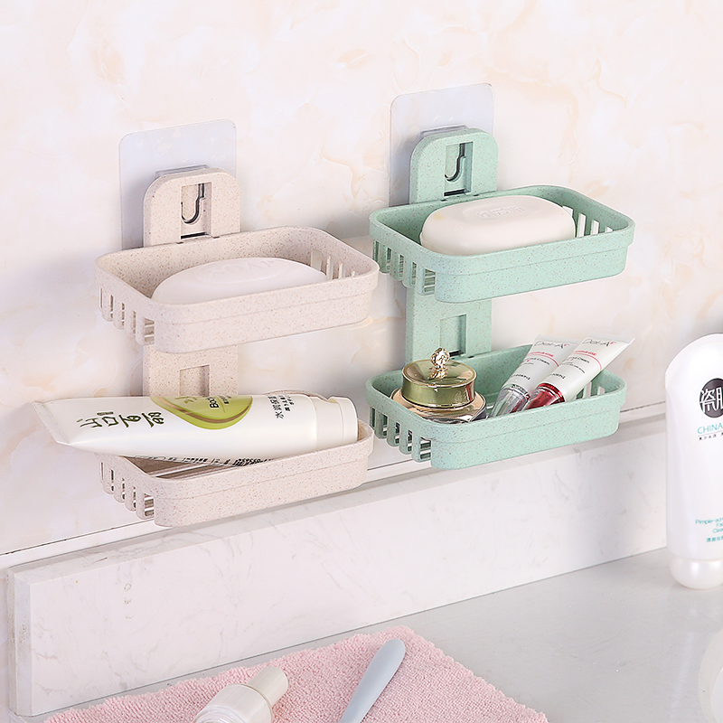 免打孔肥皂盒卫生间沥水创意壁挂香皂架浴室置物架吸盘双层肥皂架 米色+绿色