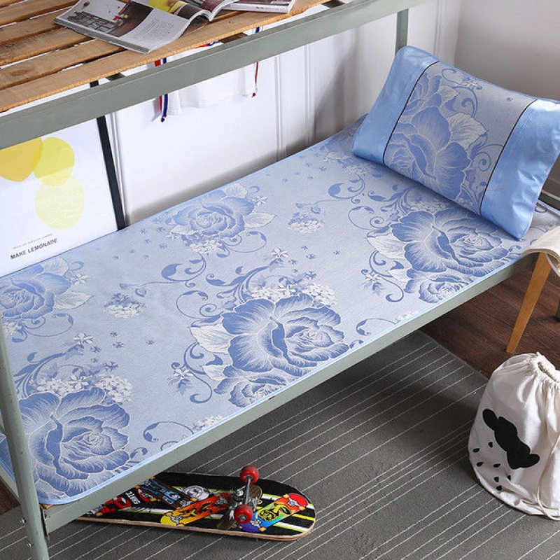大学生宿舍凉席单人床寝室上下铺折叠卡通冰丝席子0.911.2米0.8 牡丹蓝 0.8米*1.9米
