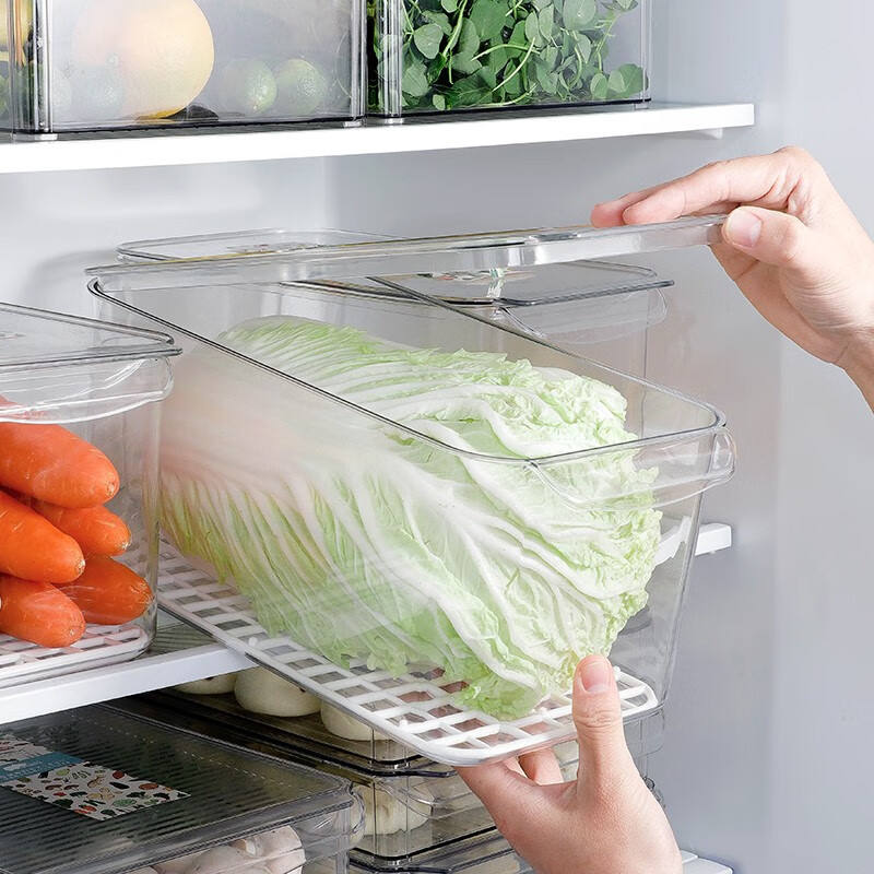 日本冰箱收纳盒冷冻储物保鲜盒家用食品保鲜分隔抽屉式带盖果蔬整理收纳盒 带盖带沥水层5.5L
