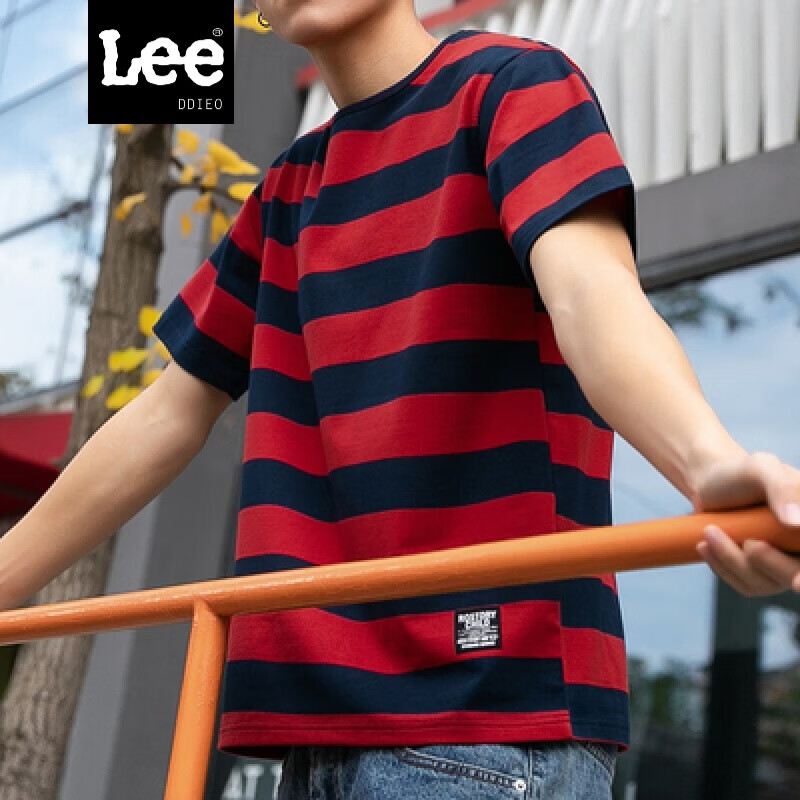 LEE DDIEO2020新款男装T恤夏季条纹短袖T恤男士百搭纯棉打底衫潮 红色 XL