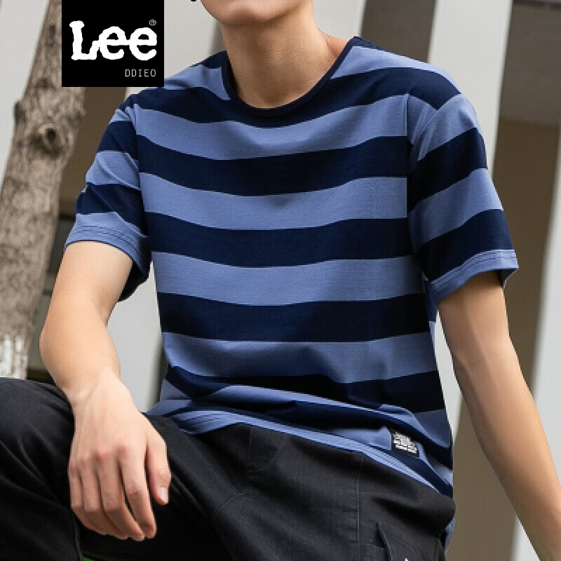 LEE DDIEO2020新款男装T恤夏季条纹短袖T恤男士百搭纯棉打底衫潮 蓝色 XL