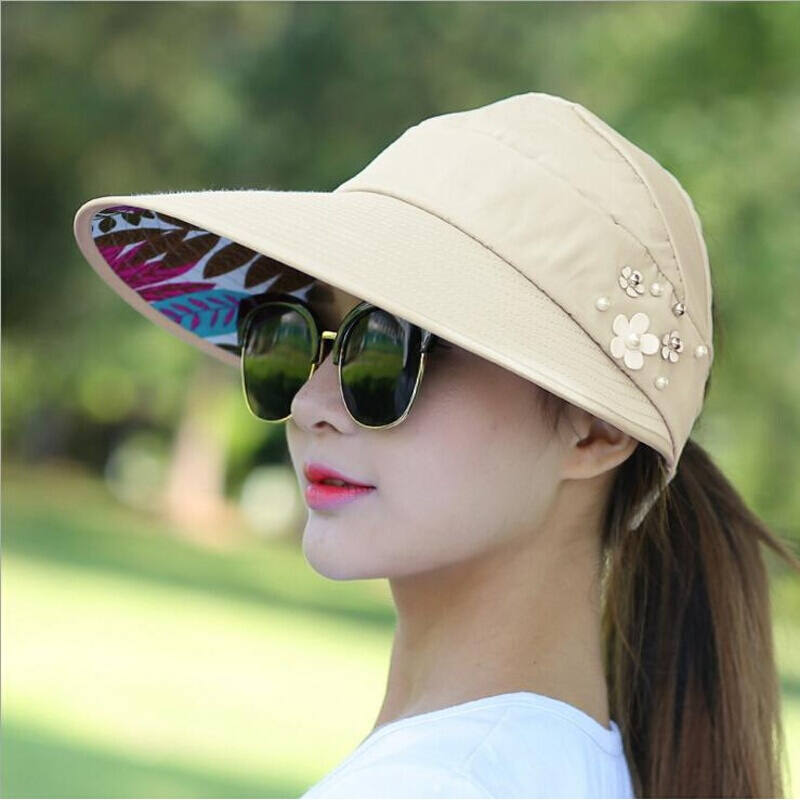 防晒遮阳帽子女夏天休闲百搭出游户外韩版夏季可折叠空顶太阳帽子 米色