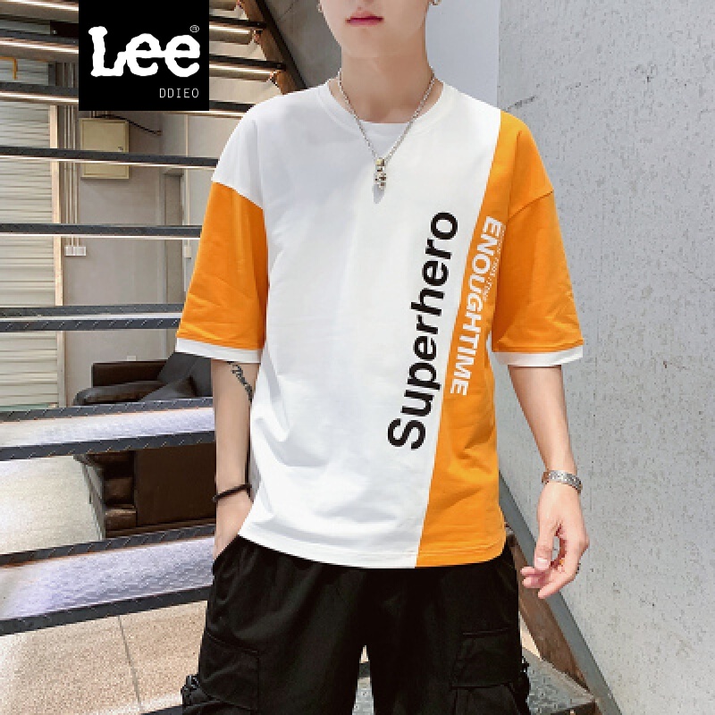 LEE DDIEO夏季男装短袖T恤2020新款拼色青年百搭半袖男 黄白 L