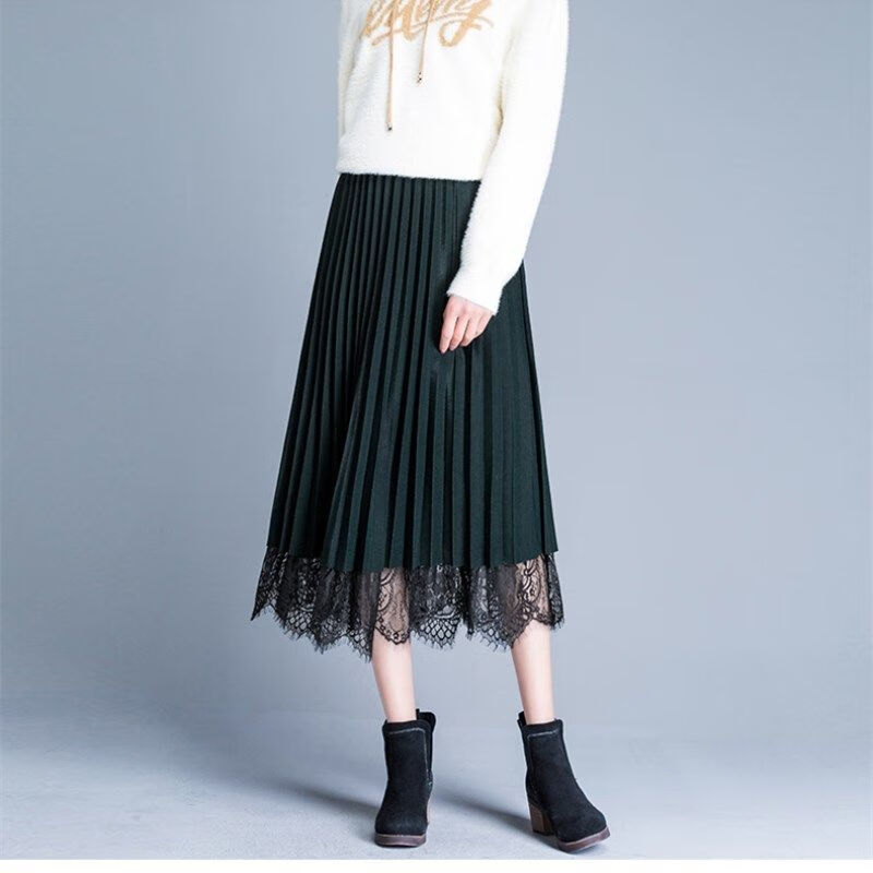 新款网纱蕾丝半身裙女韩版修身中长款百褶裙大码A字裙 绿色 XL 120-150斤