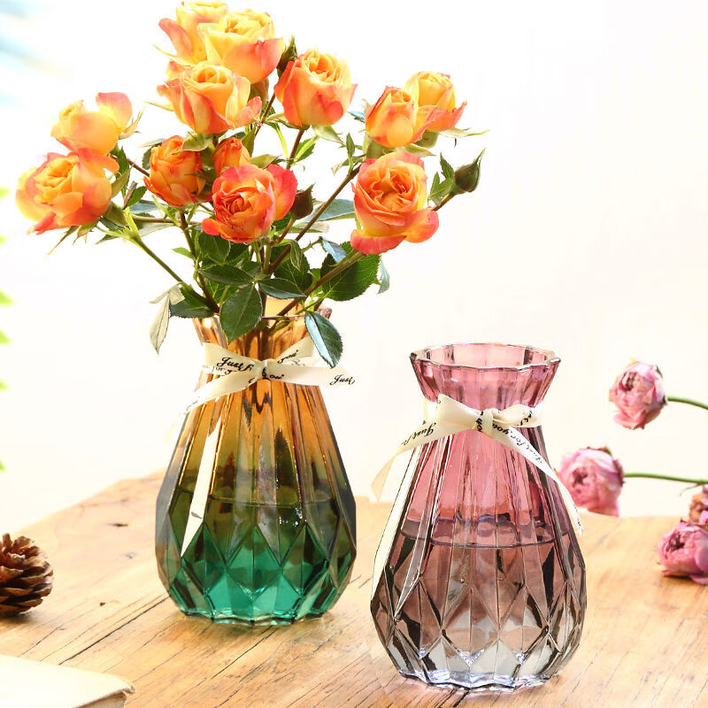 欧式创意玻璃花瓶透明水培绿萝植物玻璃花瓶家用插花客厅装饰摆件 渐变15折纸【红灰+黄绿】2个