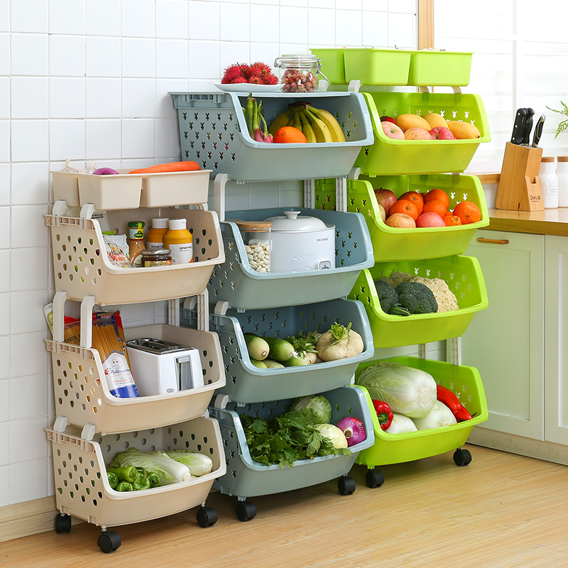 厨房收纳架置物架塑料整理架收纳蔬菜篮收纳筐收纳箱菜架置物篮 绿色 小号3层