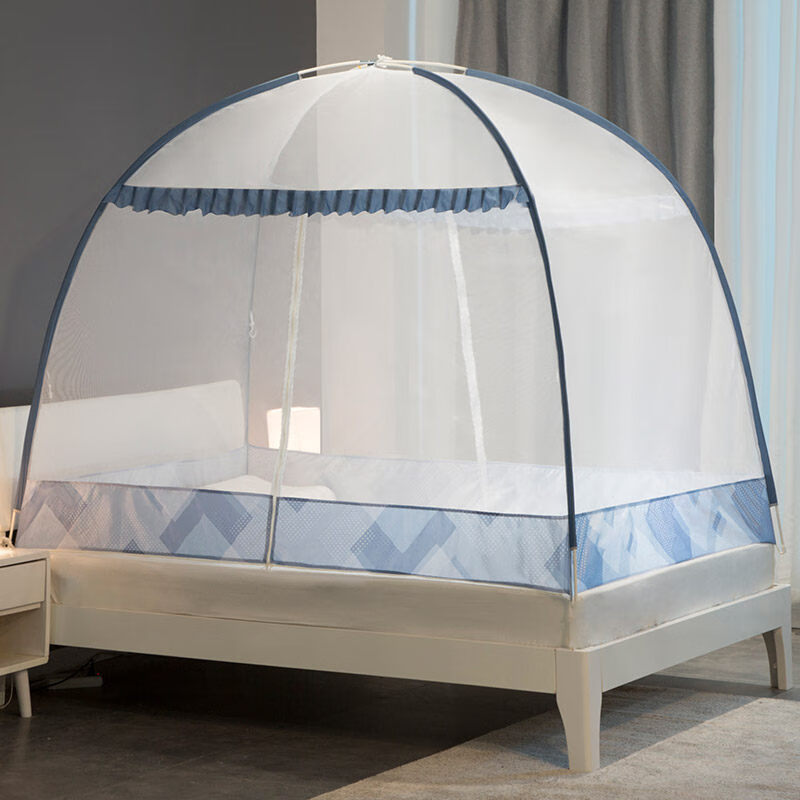 蒙古包蚊帐免安装1.8床家用新款1.5可折叠1.2防摔2米纹账 雅蓝 1.5m(5英尺)床