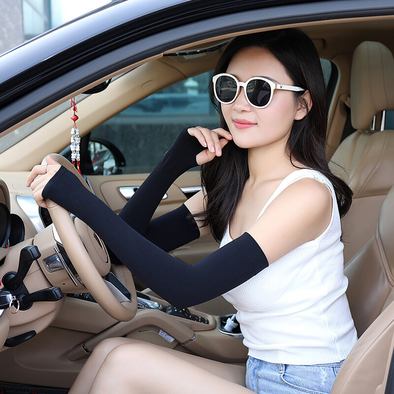 韩版女开车冰袖套防晒手套女夏季护臂手臂袖子男士防紫外线冰丝袖 黑色 无指款