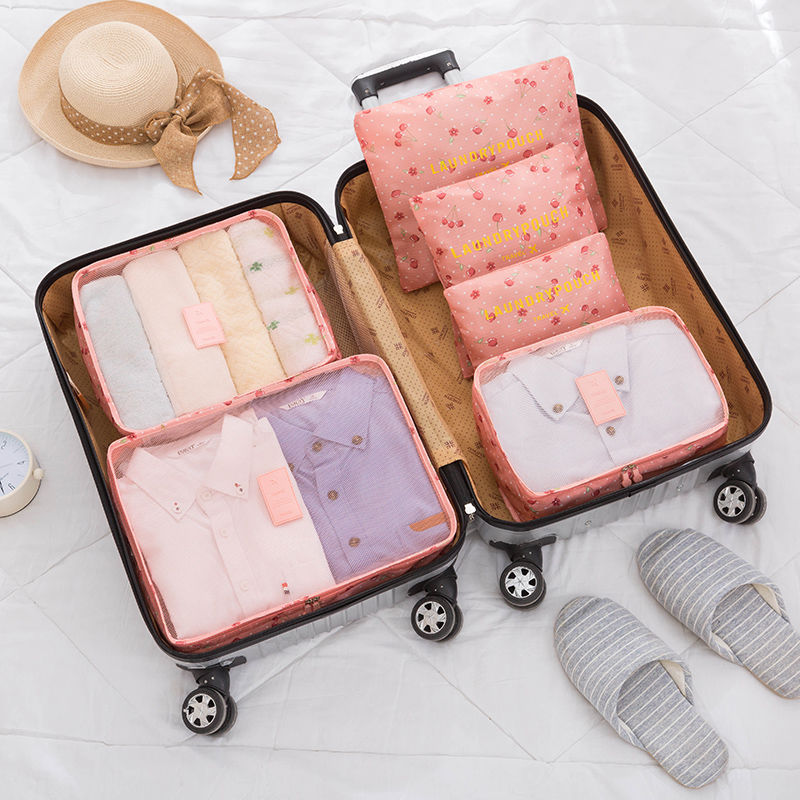 旅行收纳袋行李整理包衣物收纳整理袋内衣收纳包六件套装洗漱包 粉色樱桃