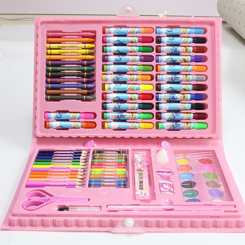 小学生文具儿童画笔水彩笔蜡笔绘画工具套装幼儿园礼品盒美术礼物 86件套绘画套装-粉色