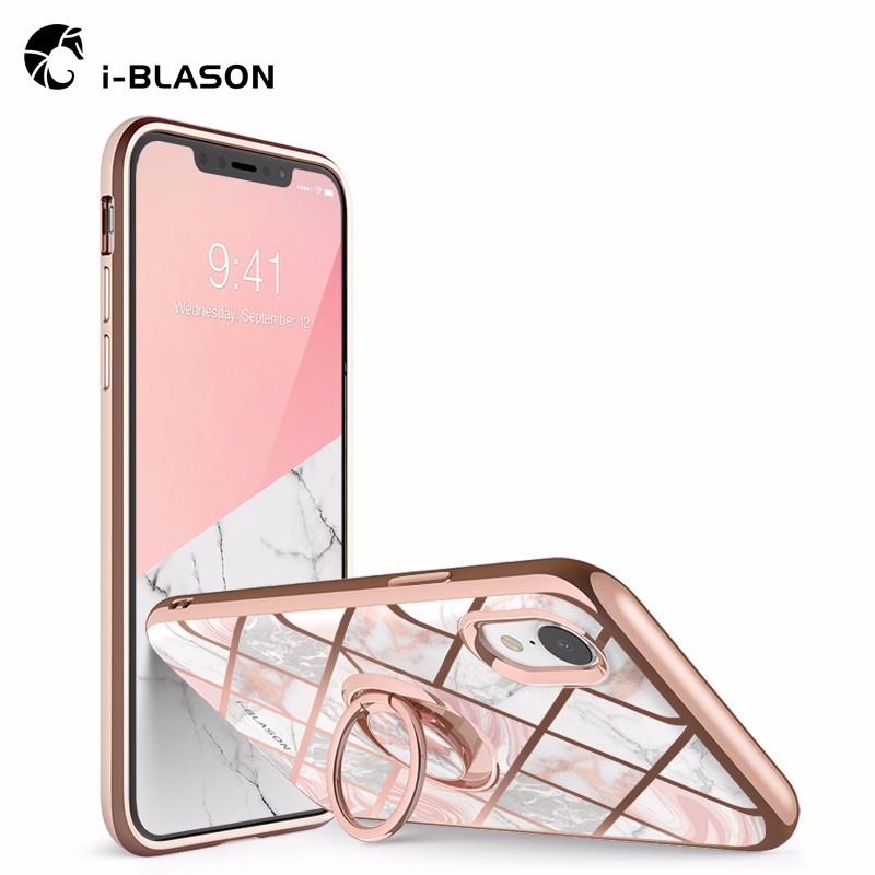 i-Blason 苹果X手机壳指环 iPhoneXR/XS Max保护套TPU支架电镀女性防摔 苹果XR 流纹粉